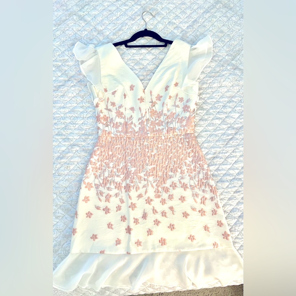 Beautiful eggshell dress with rose gold and silver embroidery; button back